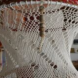Large vintage macramé pendant lamp in cotton thread and wool, 120 cm.