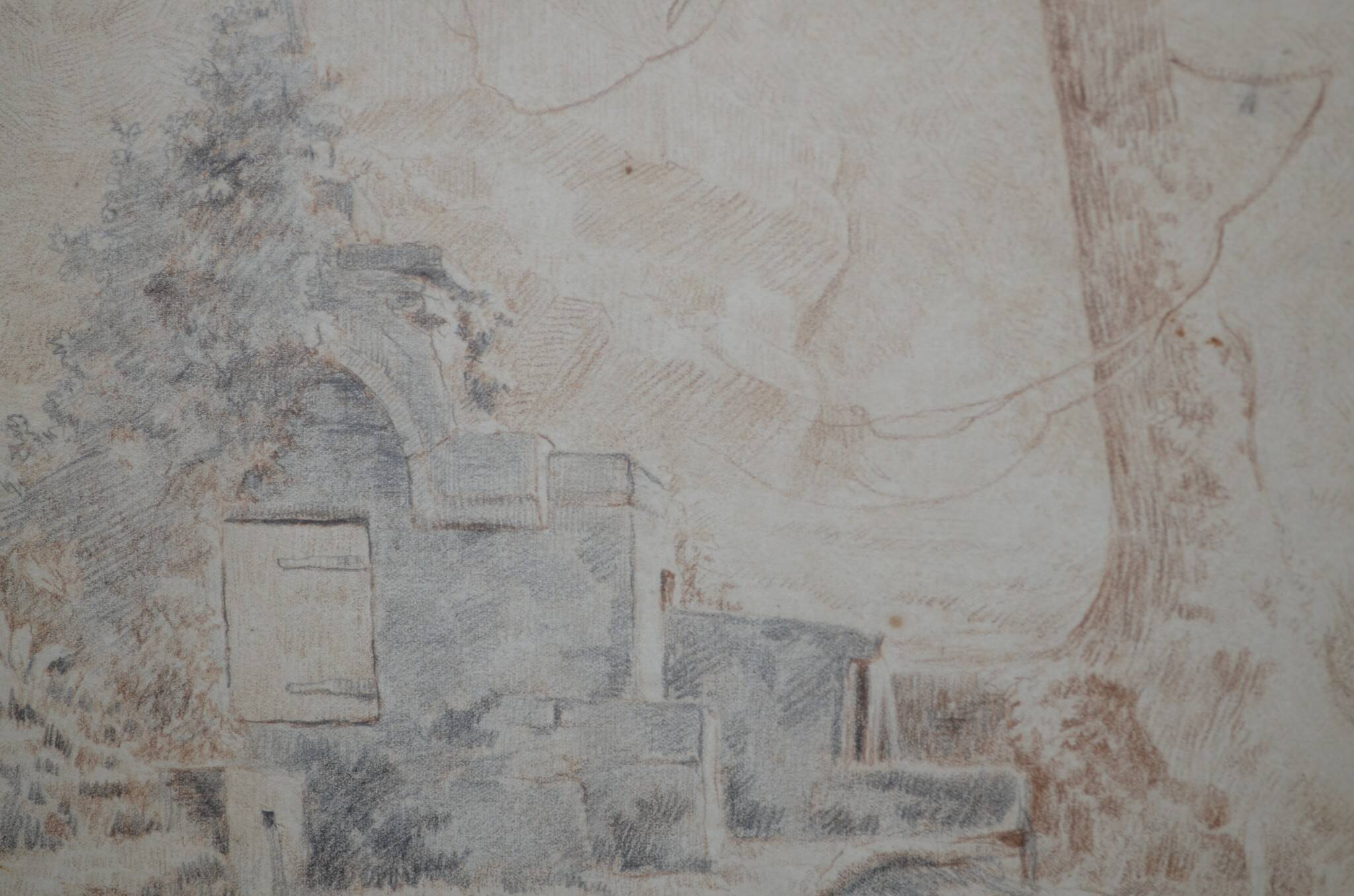 Pencil drawing "Landscape of Ruins" 1918 signed and dated