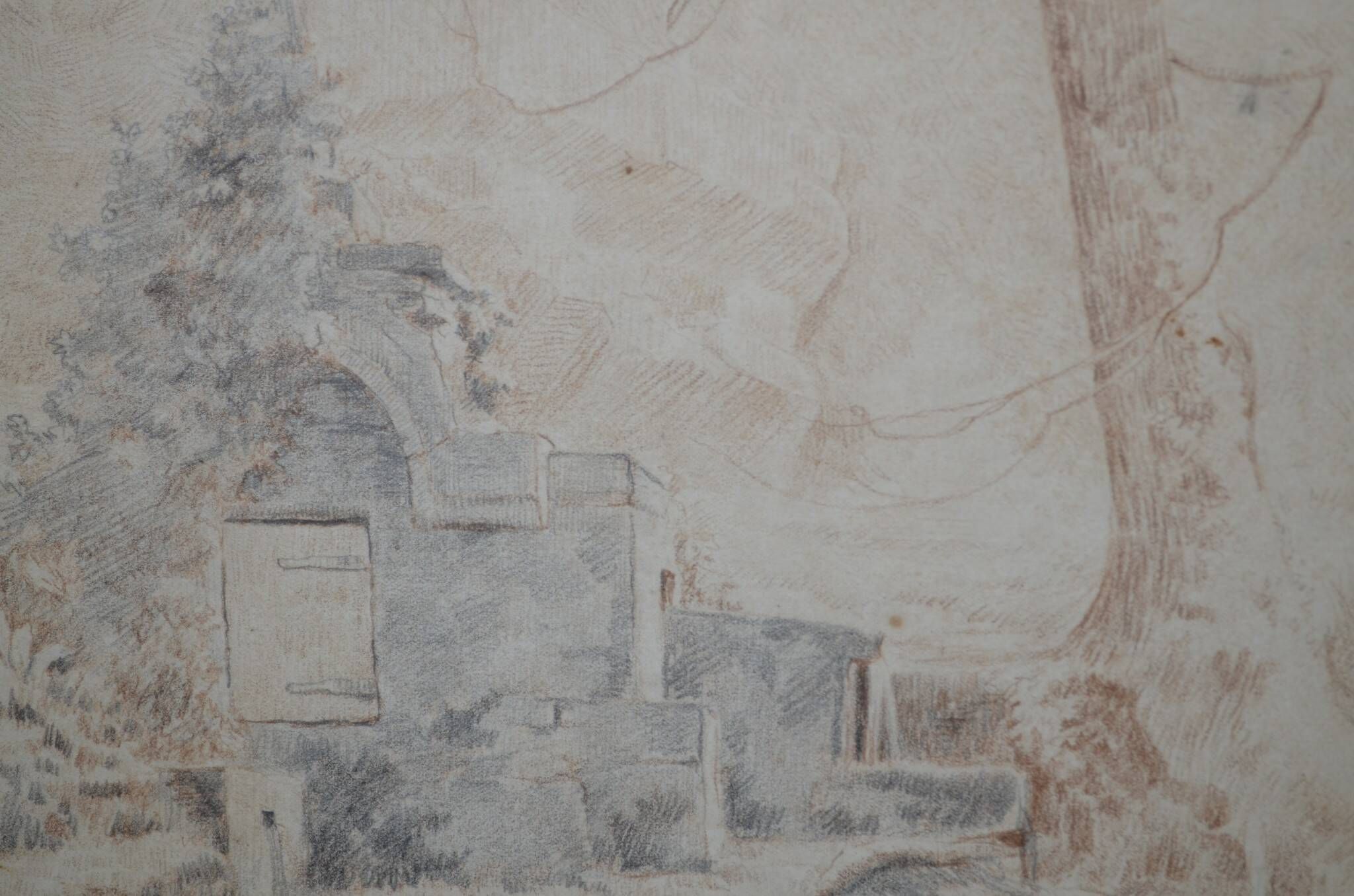 Pencil drawing "Landscape of Ruins" 1918 signed and dated