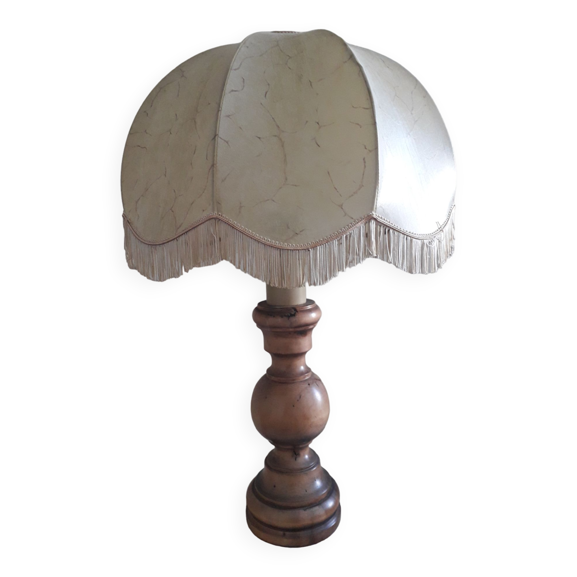 Turned wood table lamp with “skin” shade