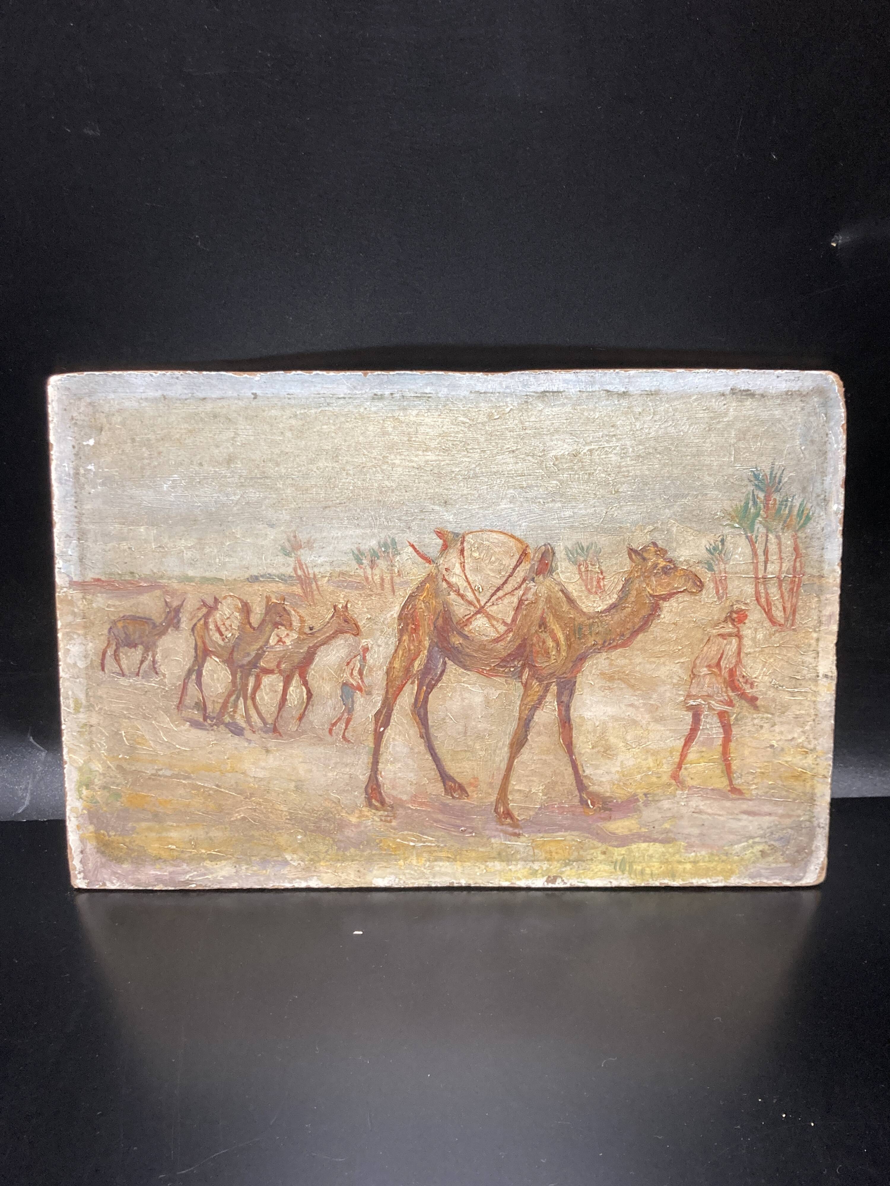 Oil on wood representation of camels.