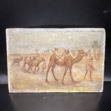Oil on wood representation of camels.