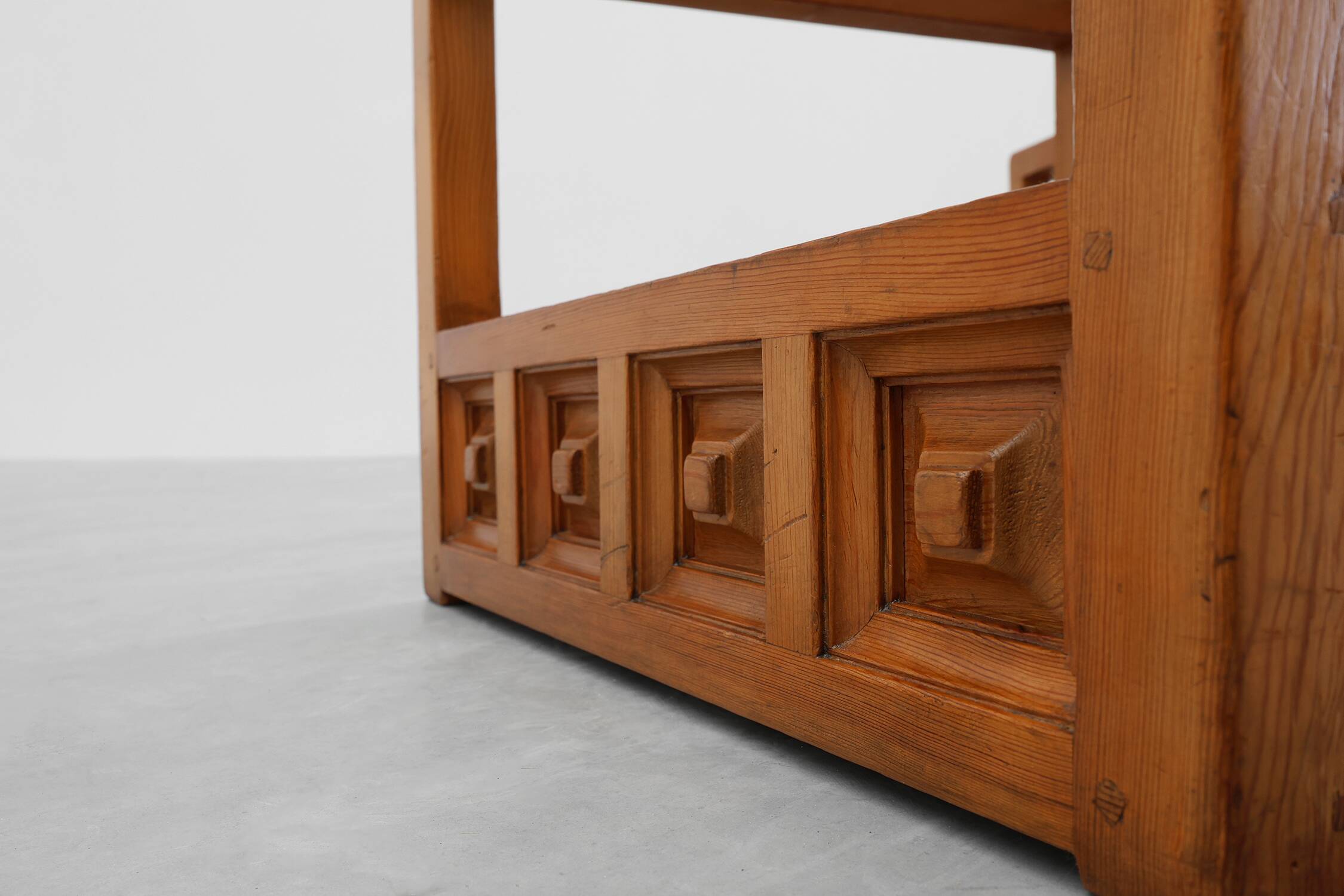 Pair geographical designed square Biosca coffee tables in pine wood, Spain