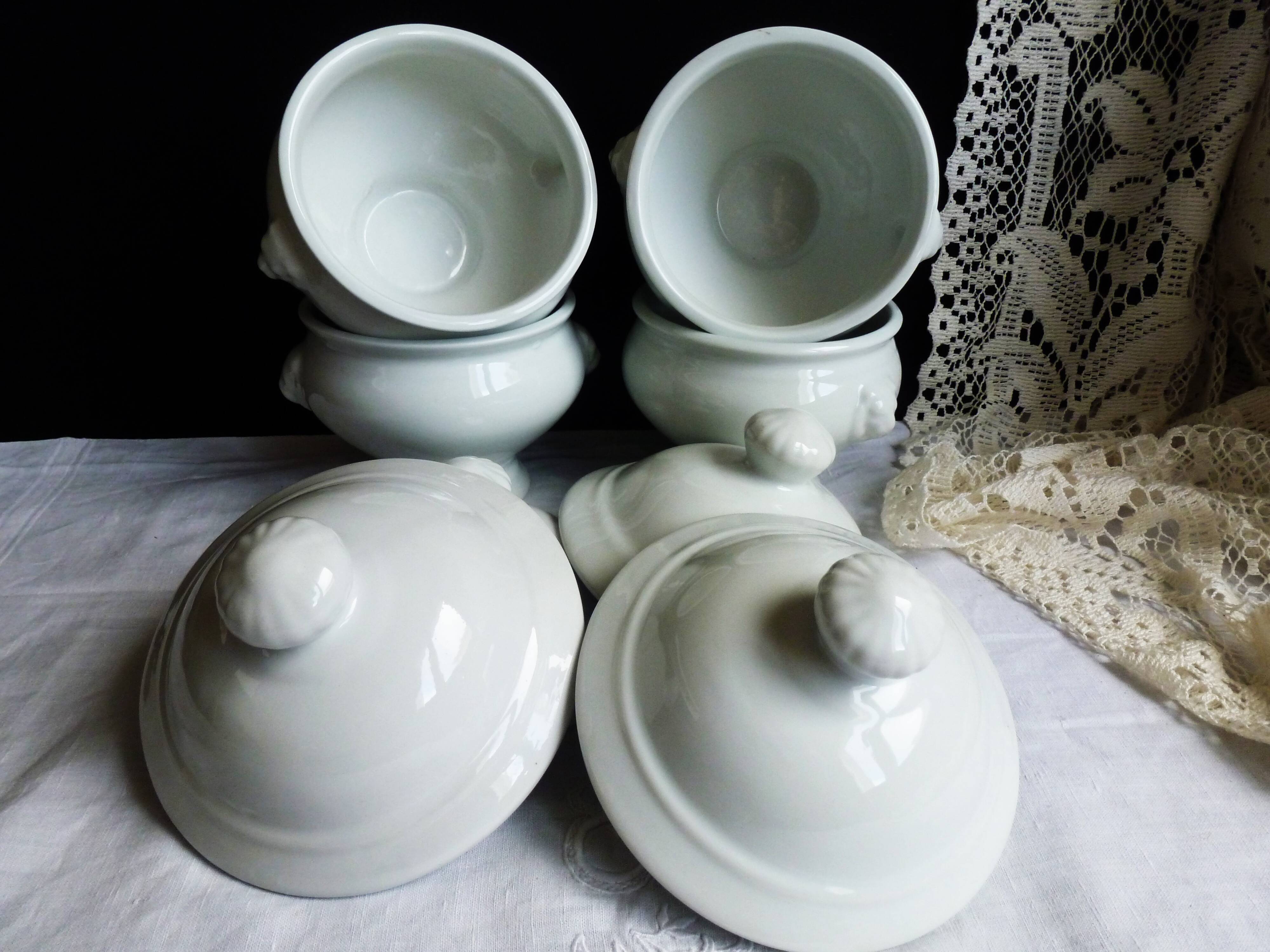 White onion soup bowls with lids, French soup bowls.