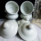 White onion soup bowls with lids, French soup bowls.