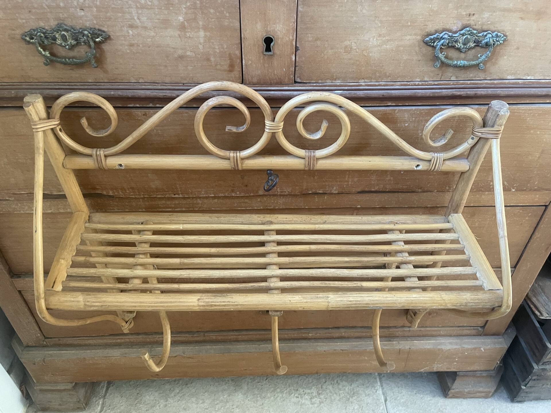 Vintage bamboo and rattan wall coat rack