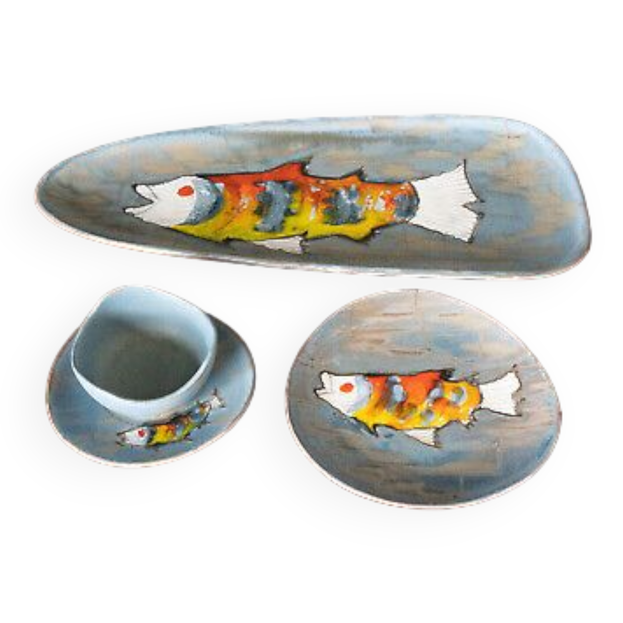 Stylized fish set 1960 Blue background Vallauris 1 course 12 plates