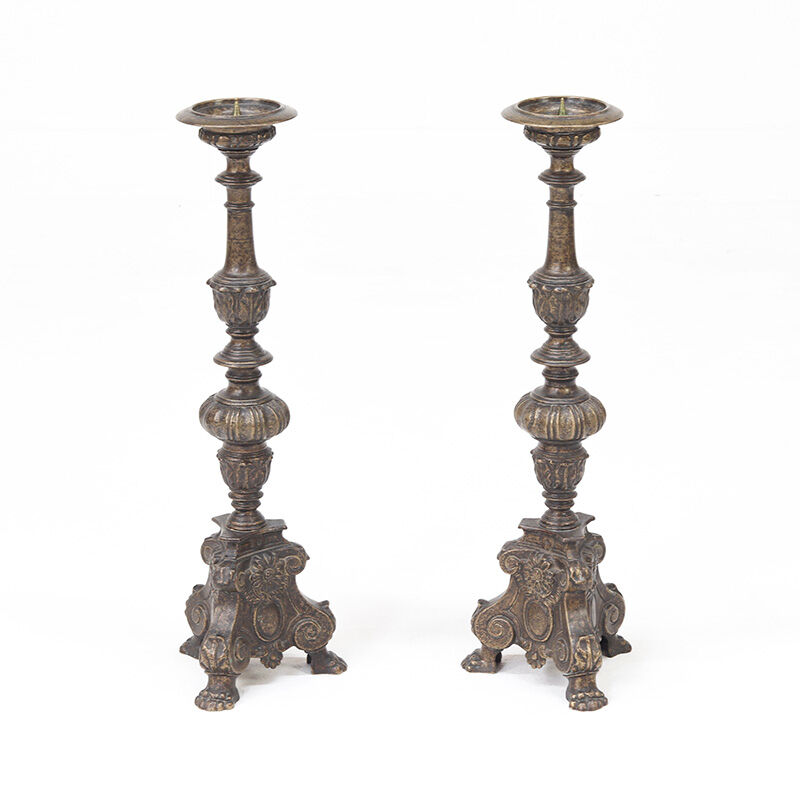 Set of two large antique brass candlesticks