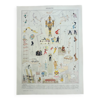 Gravure ancienne 1928, Acrobates, Cirque, spectacle, équilibre • Lithographie, Planche originale