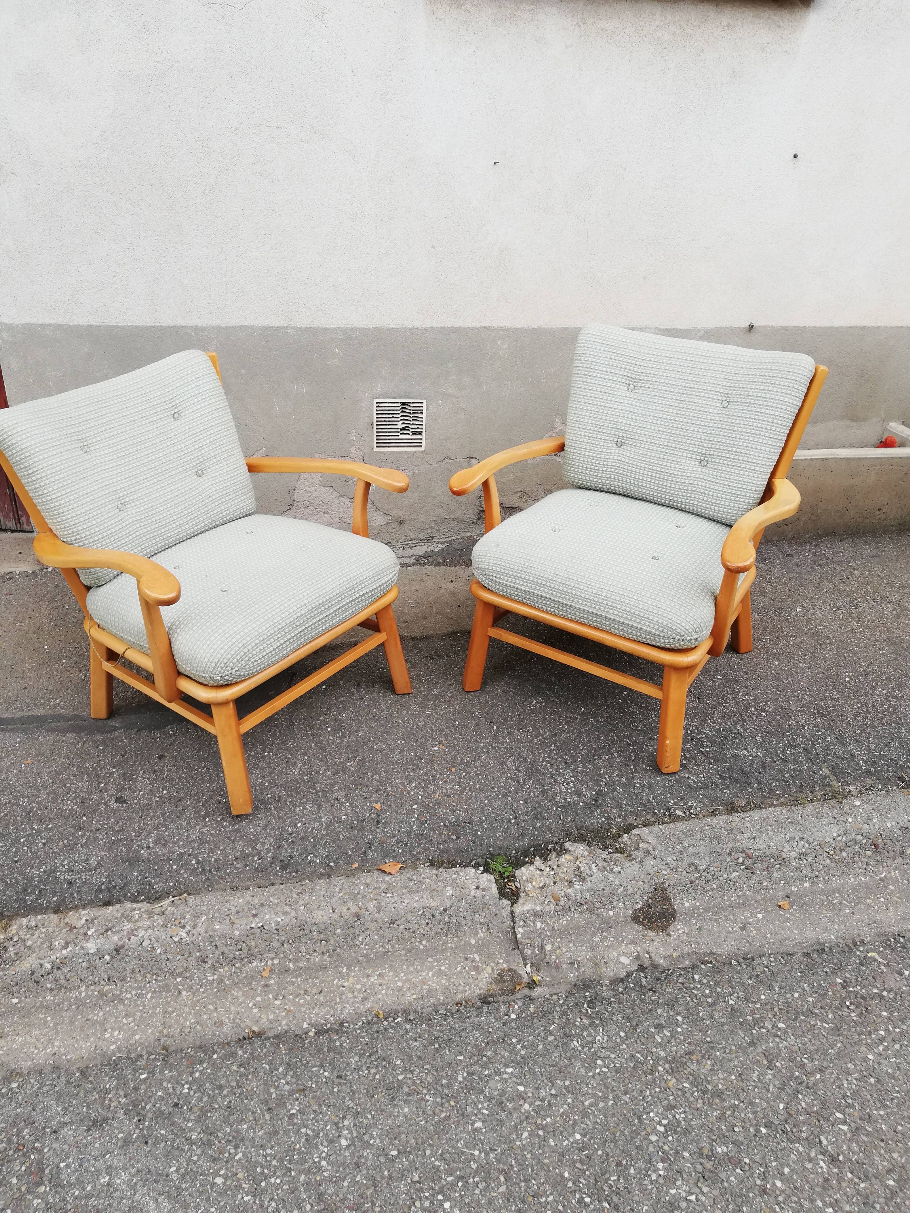 Pair of vintage pastel green fabric armchairs
