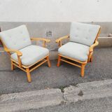 Pair of vintage pastel green fabric armchairs