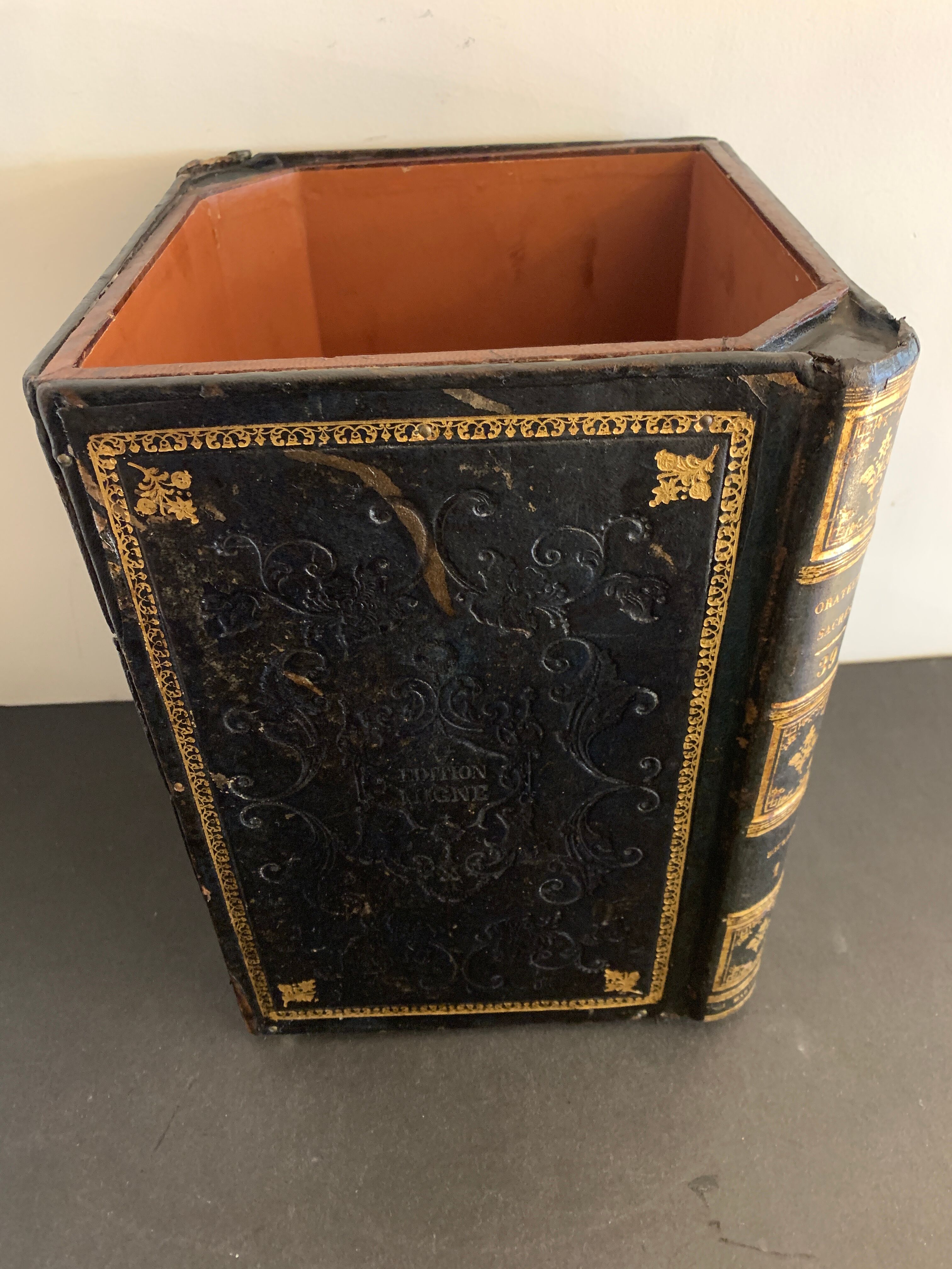 Leather paper basket, imitation bindings old books