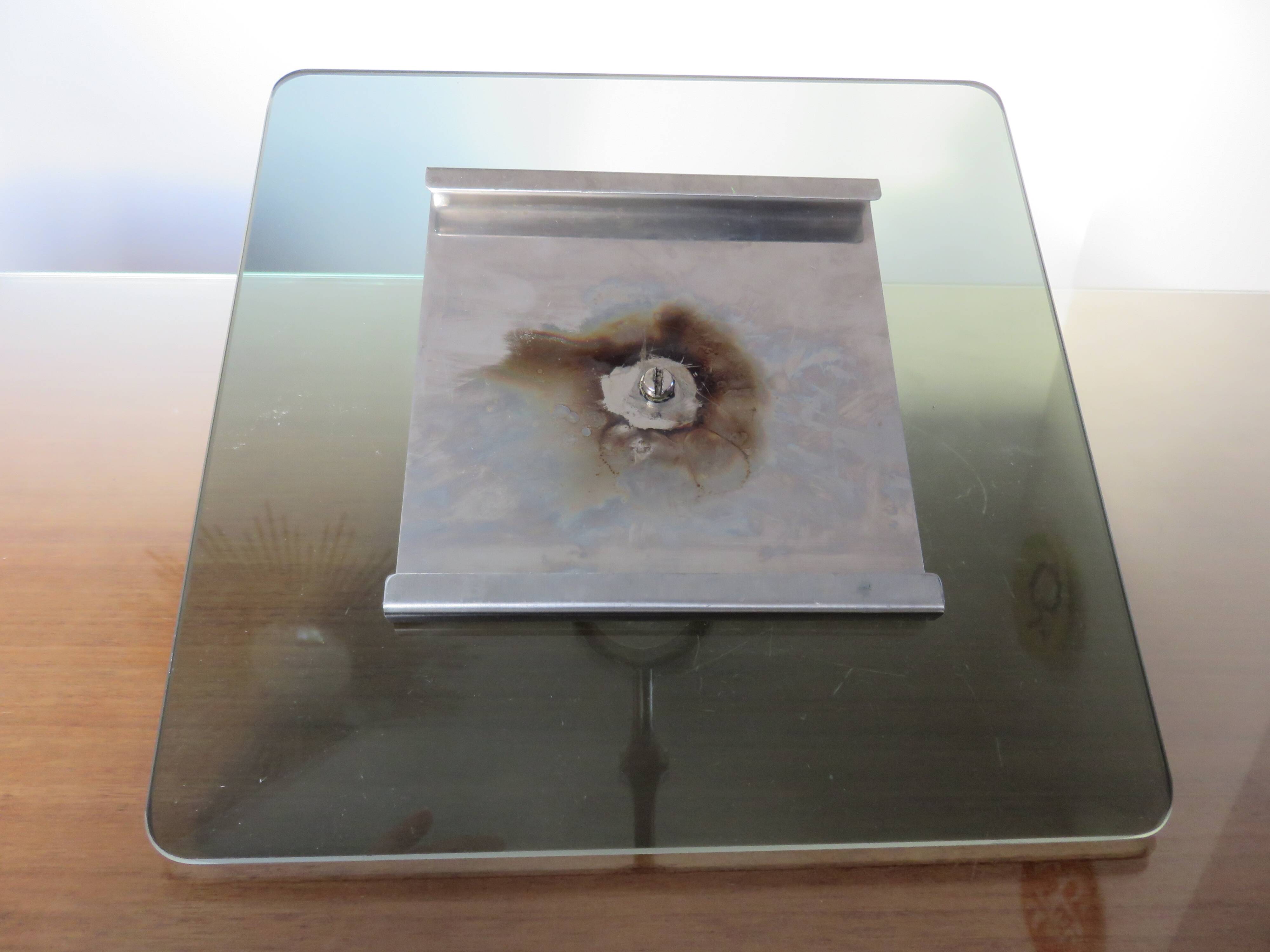 Modernist revolving serving tray, in smoked glass and silver-plated metal, 70.