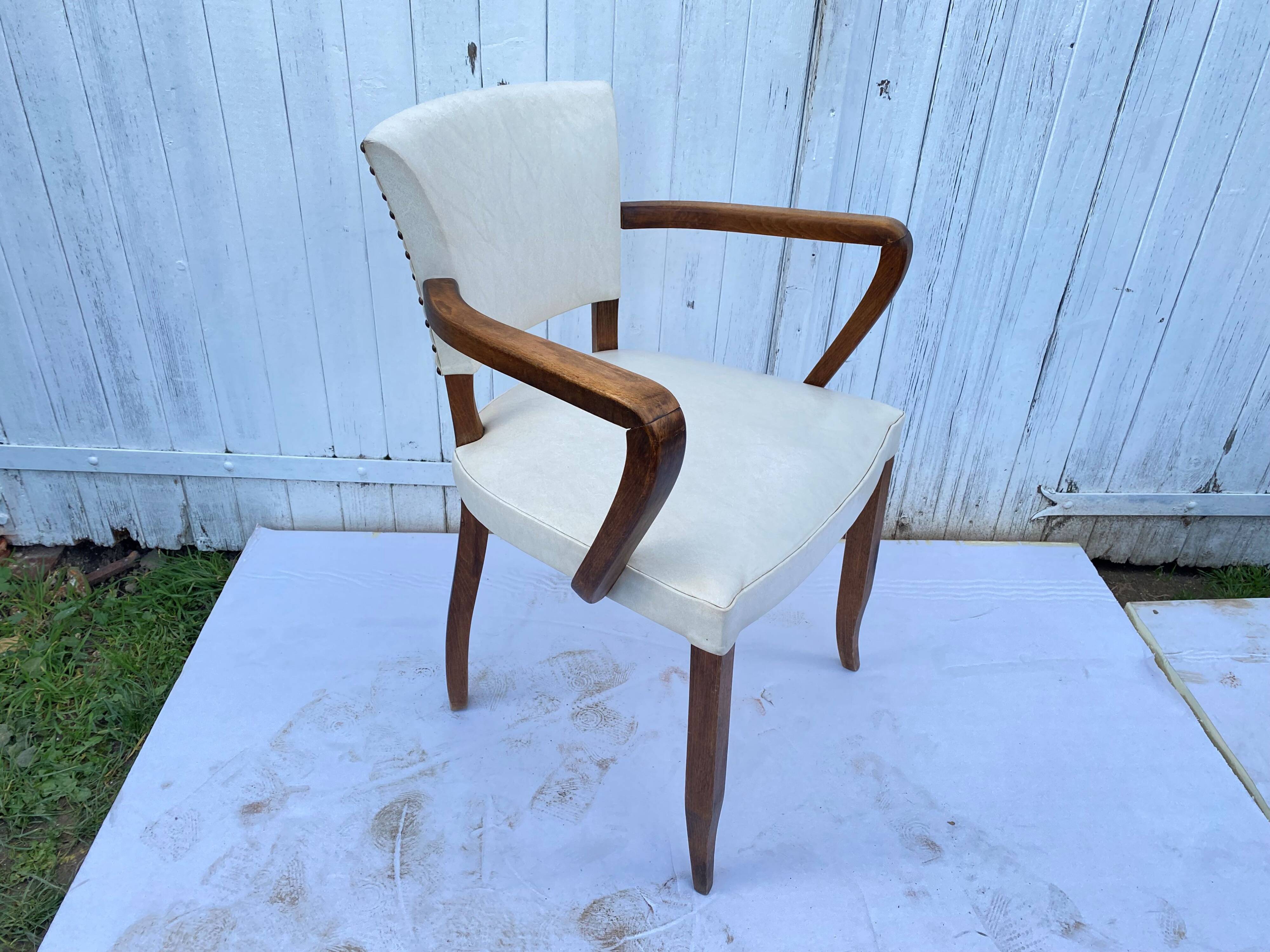 Art deco bridge armchair skai ivory white and solid wood 1930s