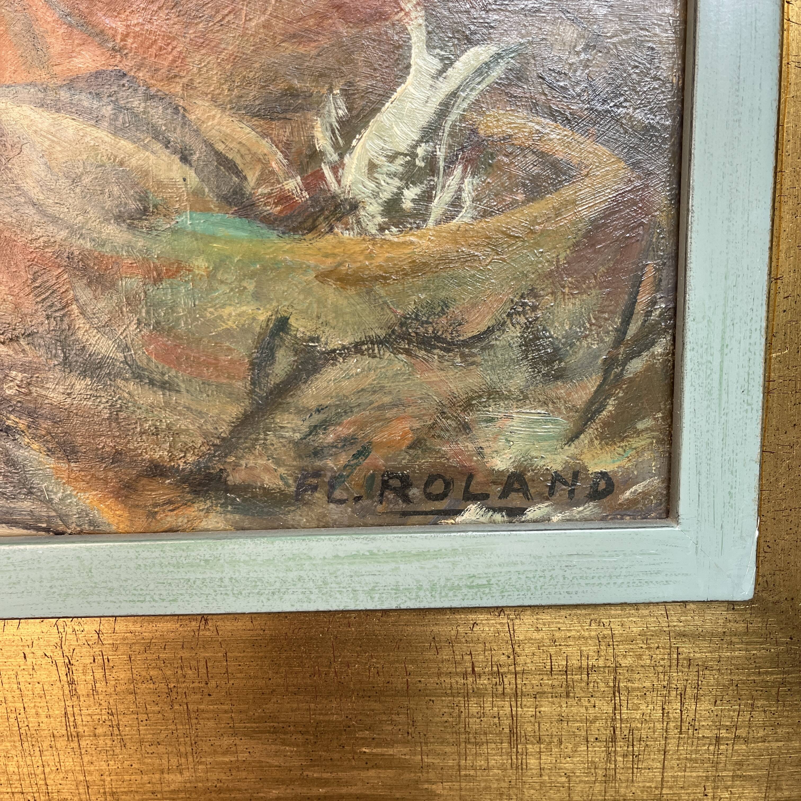Painting "return from fishing", oil on panel, flory roland ca 1945