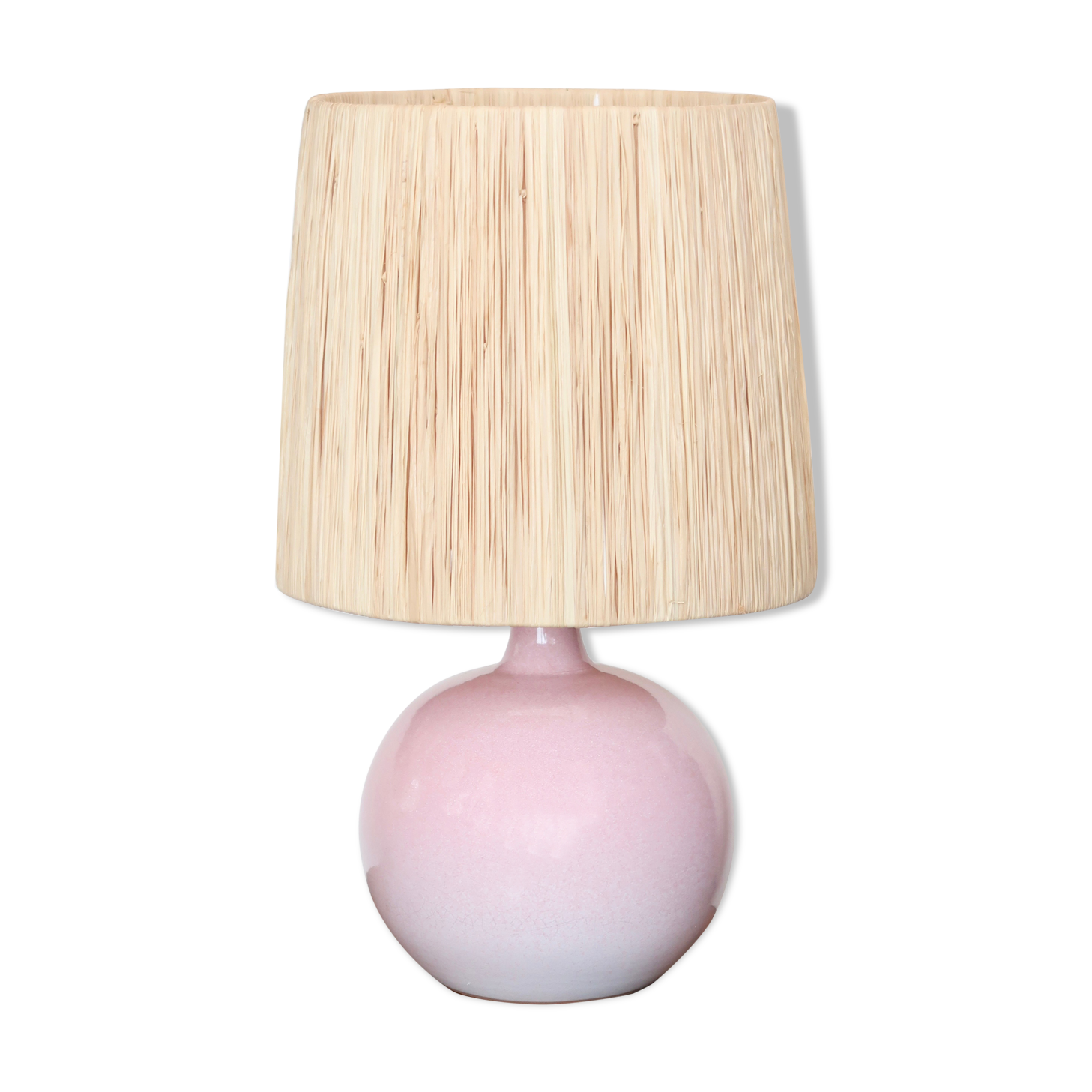 Pink ceramic lamp signed Duriez, raffia lampshade, 80s