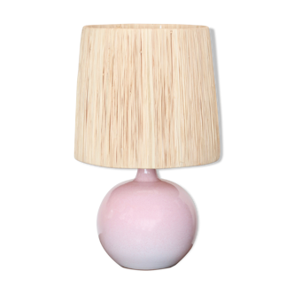 Pink ceramic lamp signed Duriez, raffia lampshade, 80s