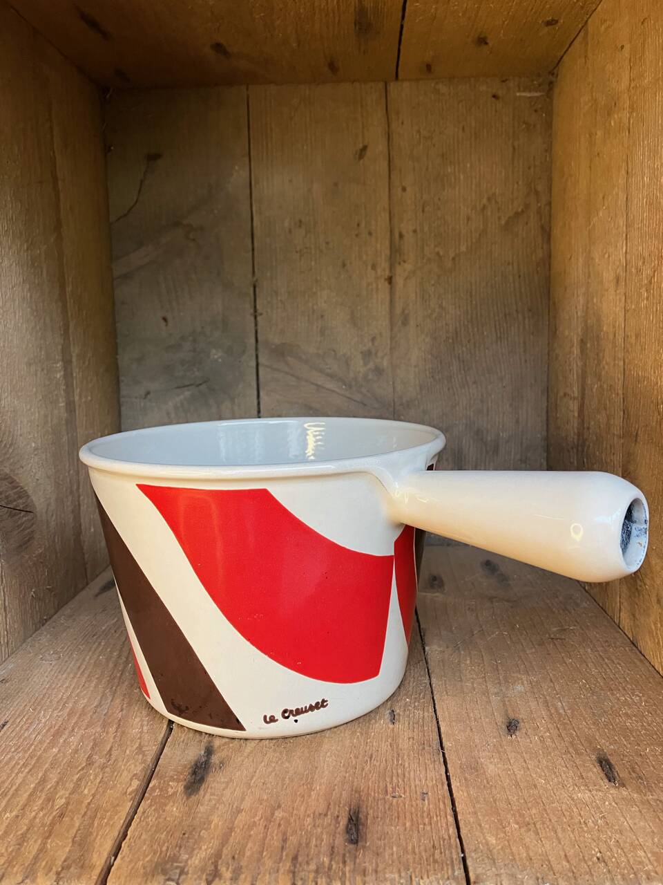Vintage Le Creuset enameled cast iron fondue pot from the 1970s