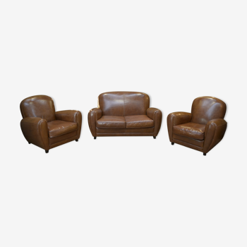 2 fauteuils et canapé club en cuir