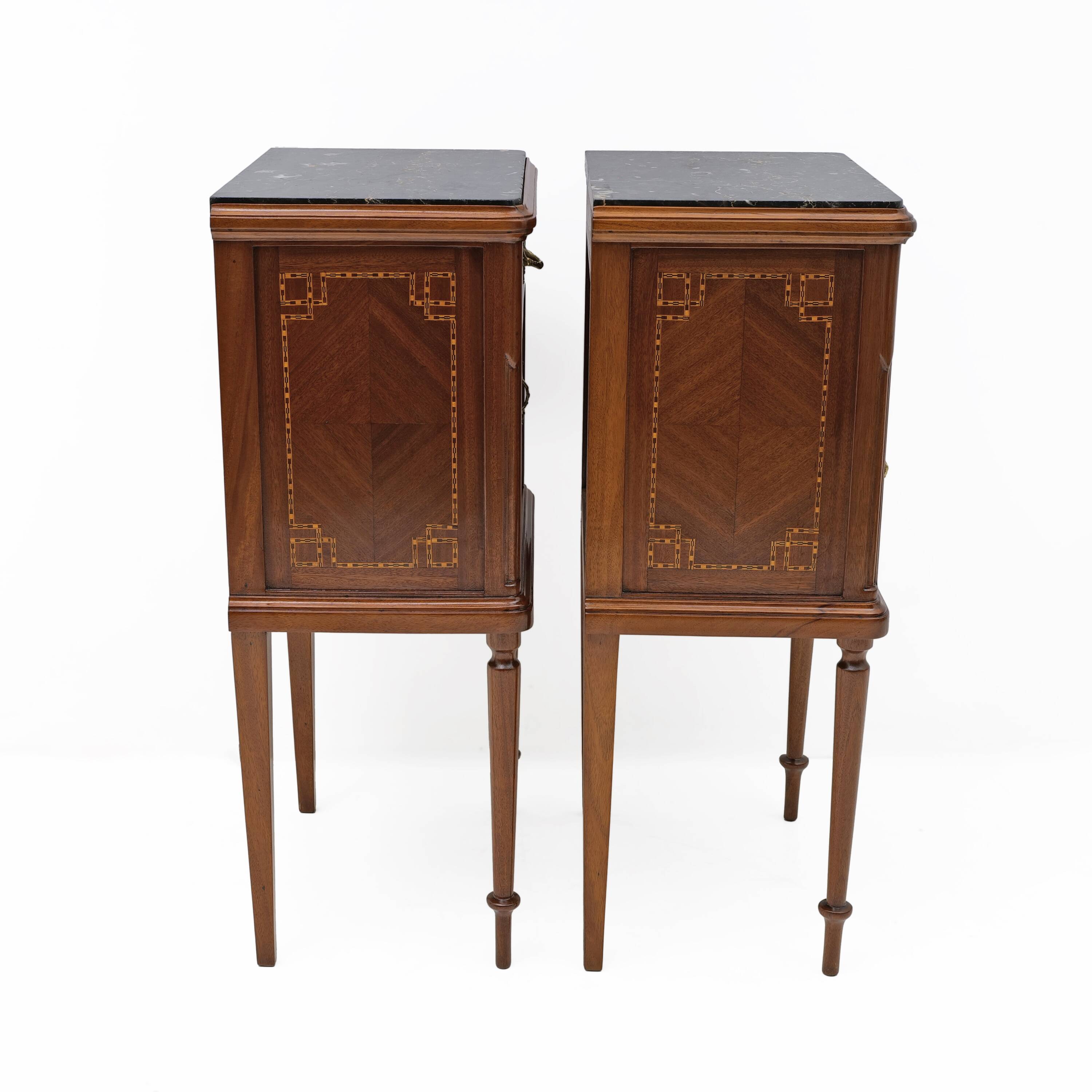 Pair of Louis XVI Style Bedside Tables with Inlays and Marble Top, Italy, 1