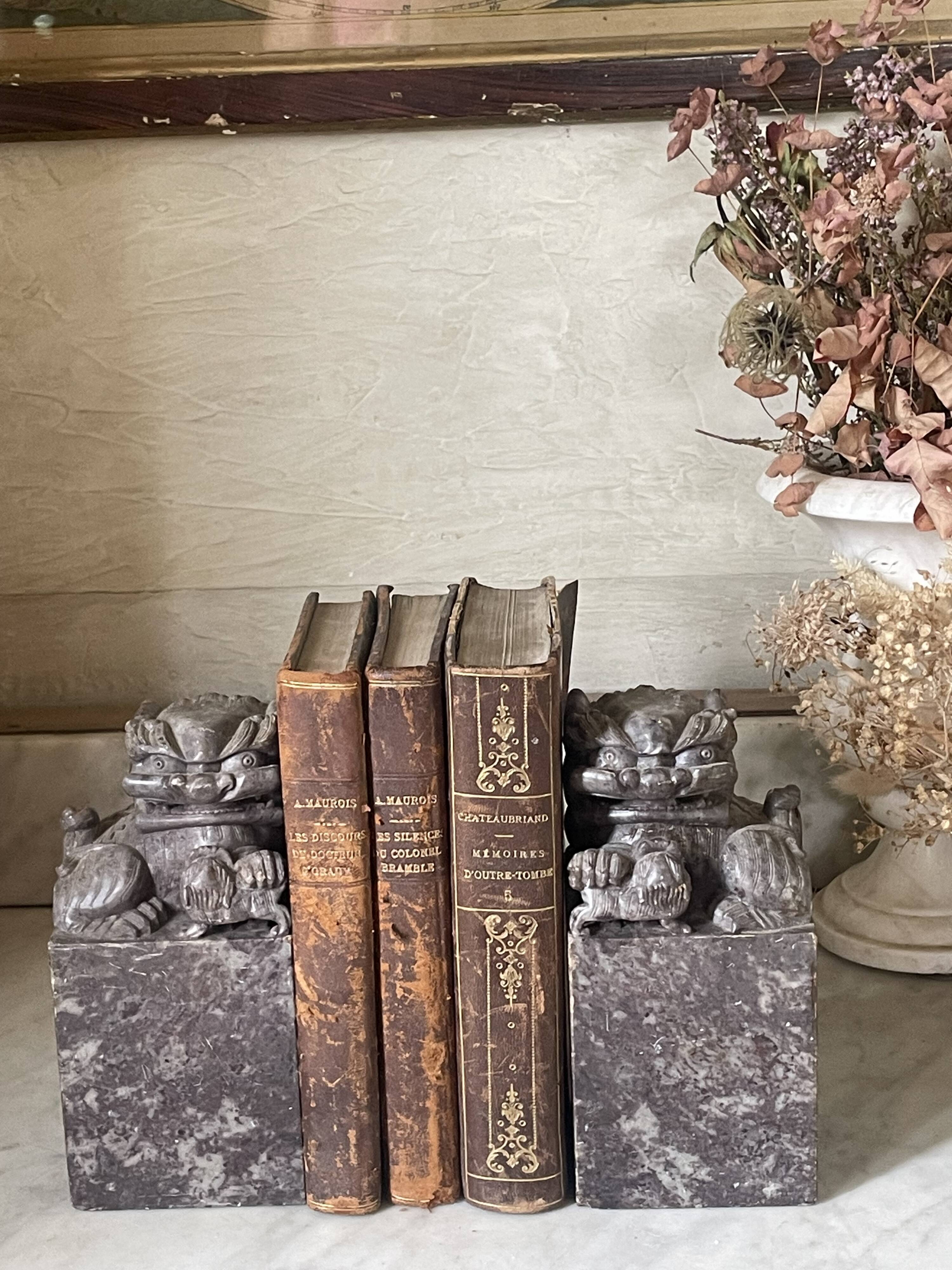 Pair of Foo Dog bookends in sculpted steatite.