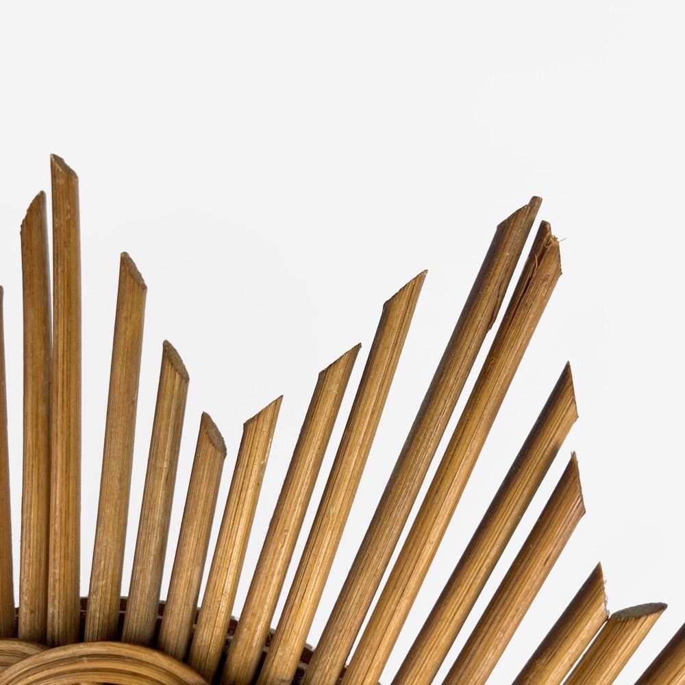 Sun mirror with starry frame wood and wicker 70s