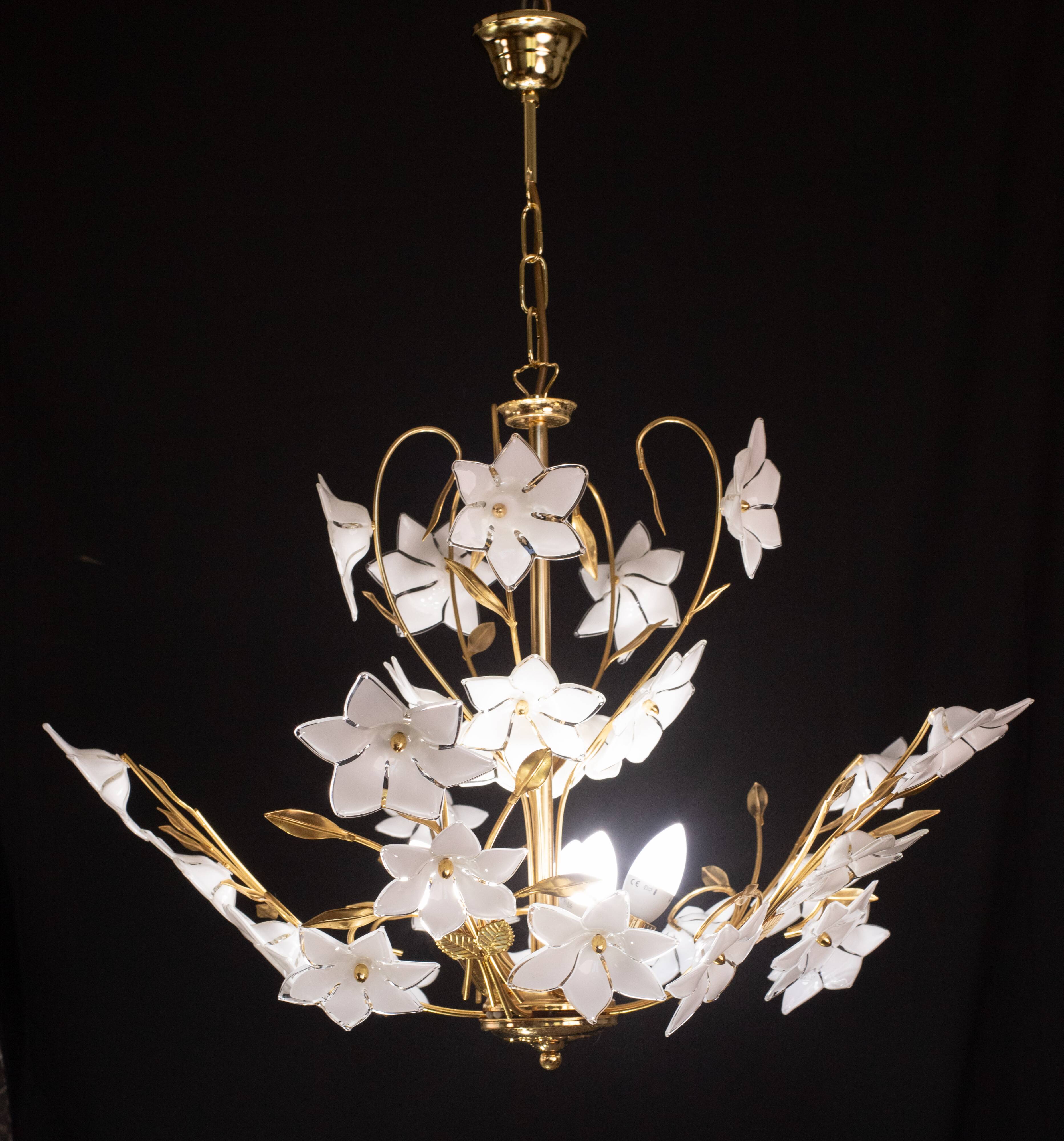 Vintage Murano Glass Chandelier White Flowers, 1970