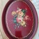 Russian plate in painted sheet metal burgundy old pink decoration and golden frieze