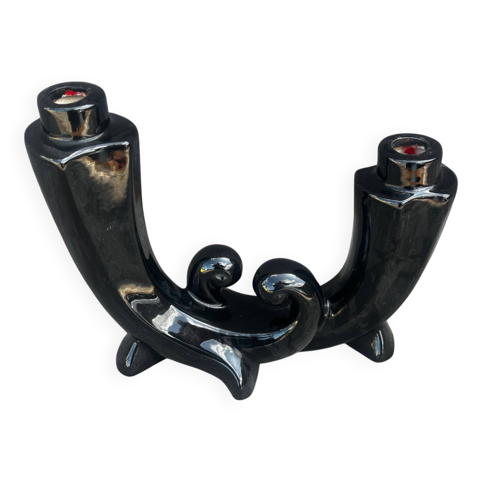 Vallauris Black Ceramic Candle Holder from the 50s