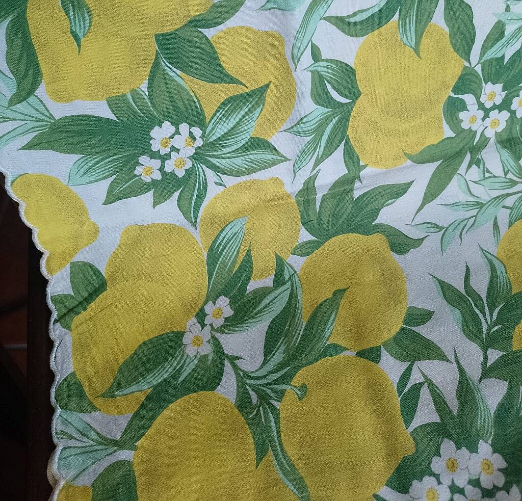 Nappe festonnée en coton vintage 6 serviettes Citrons Fleurs de citronnier