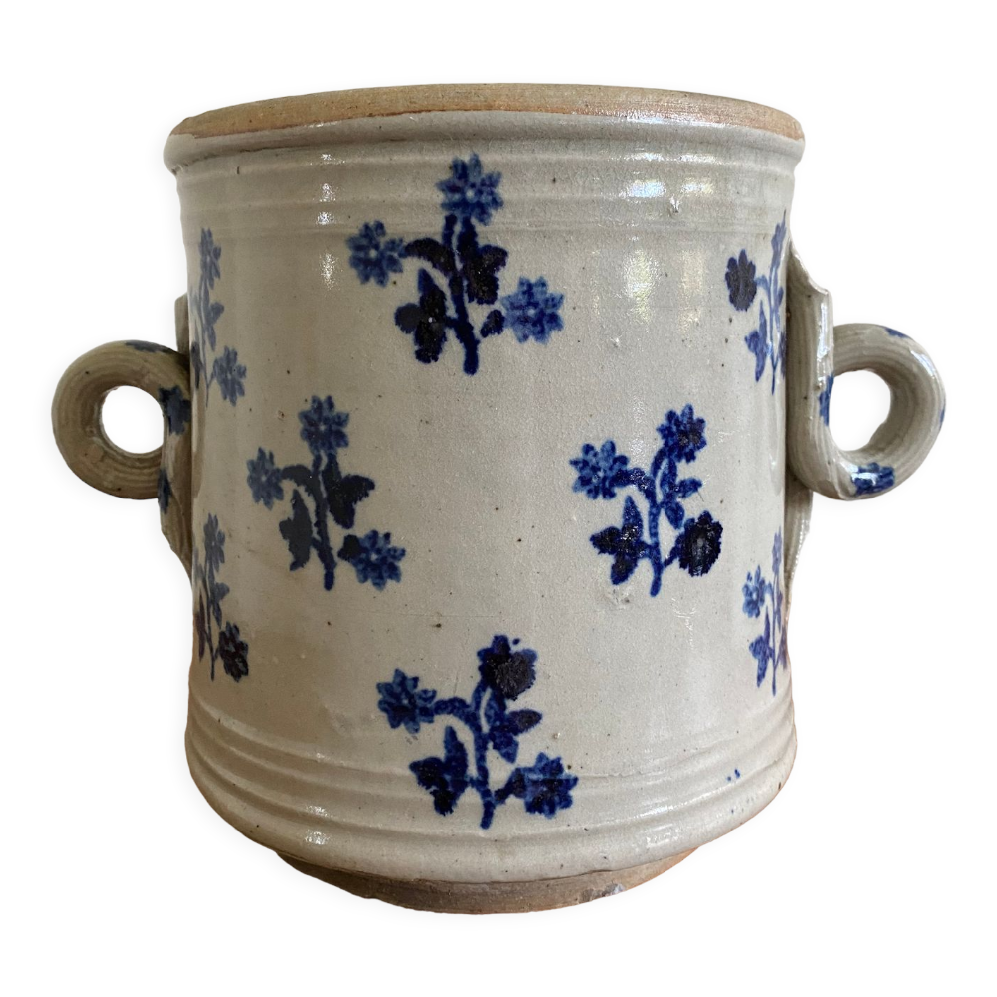 Old pot, sandstone, blue flower decoration