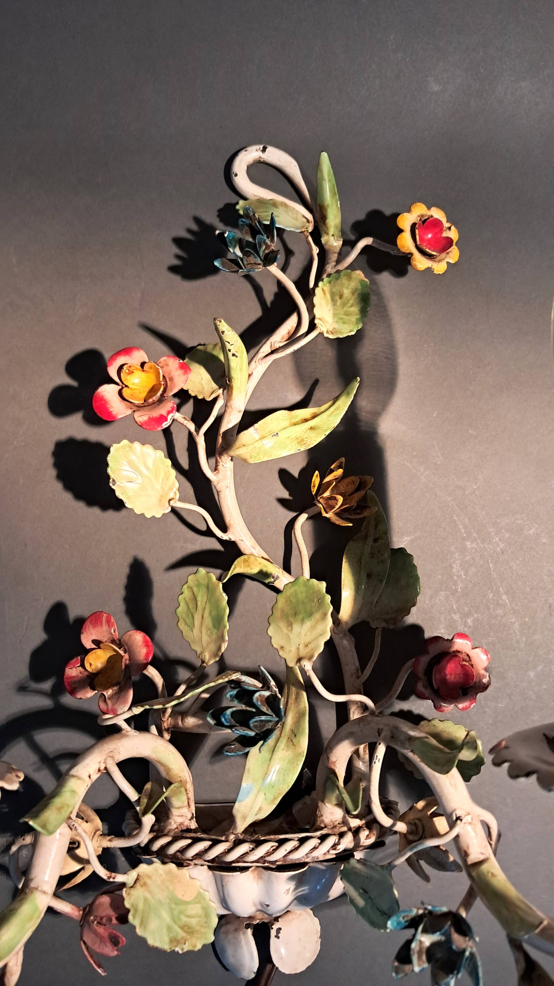 Two-light polychrome painted wrought iron wall lights, Italy 1950/1960.