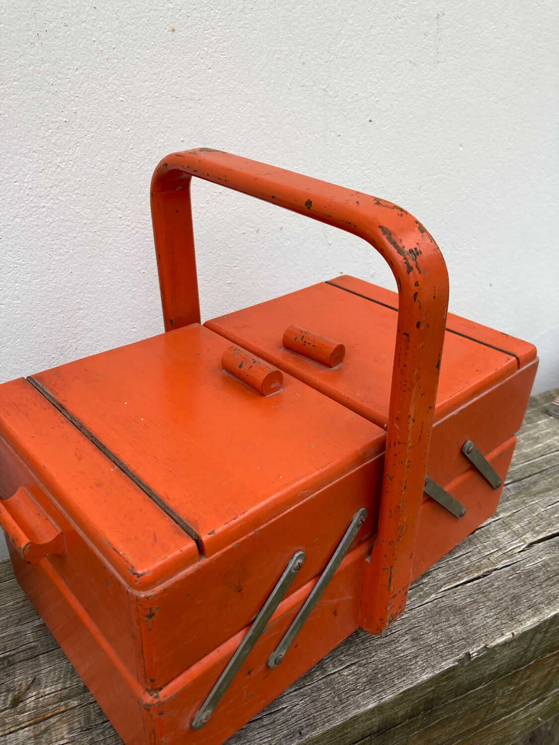 Orange wooden sewing box 1960 1970