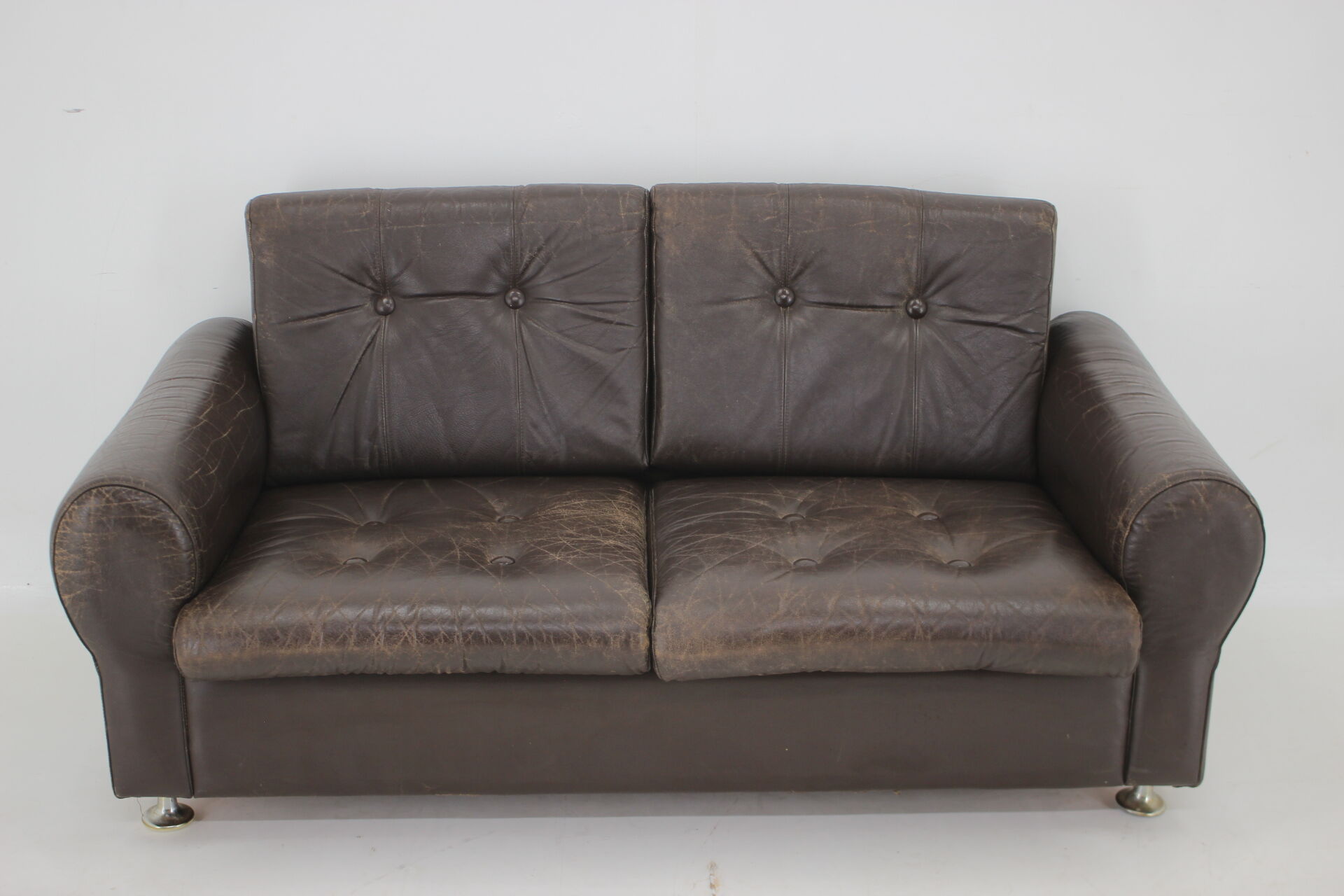 1970s Danish Brown Leather 2 Seater Sofa