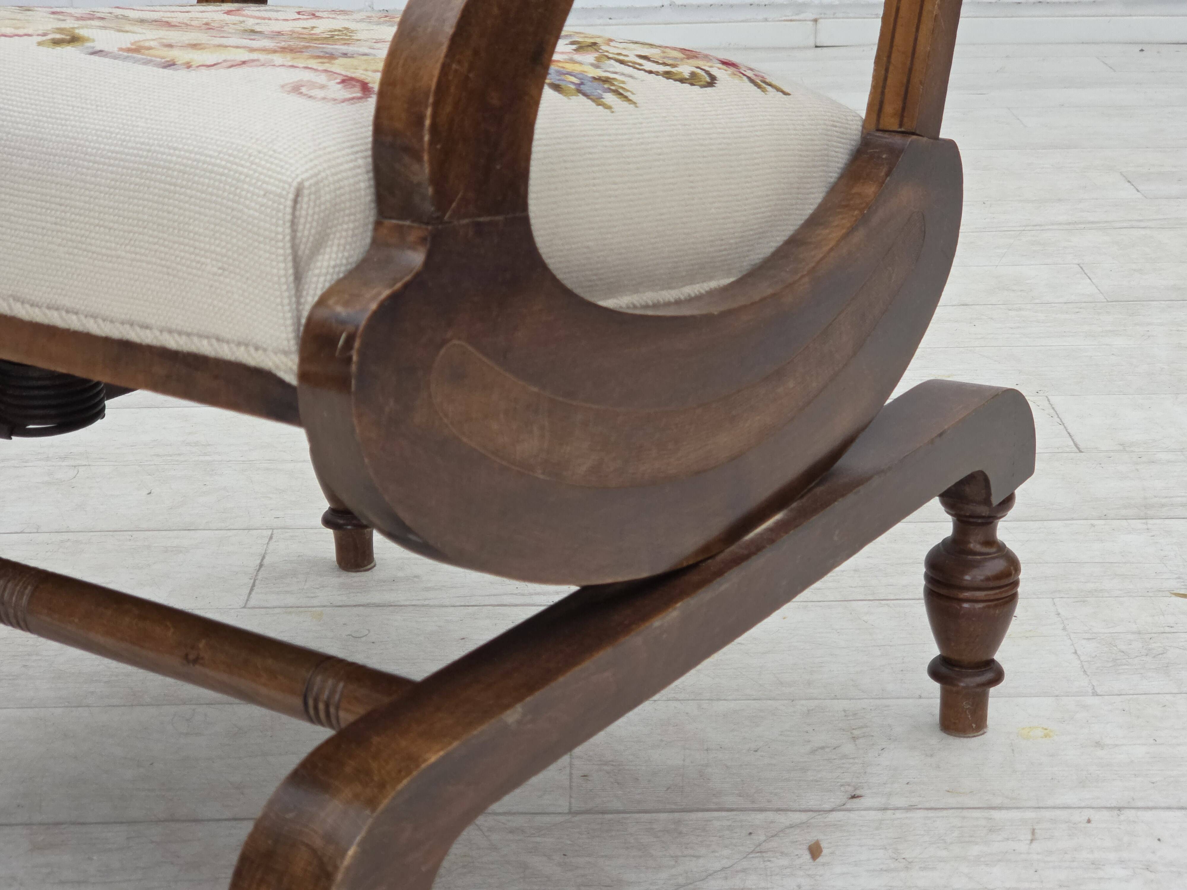 1930s, Danish highback rocking chair, original hand woven wool, ash wood.