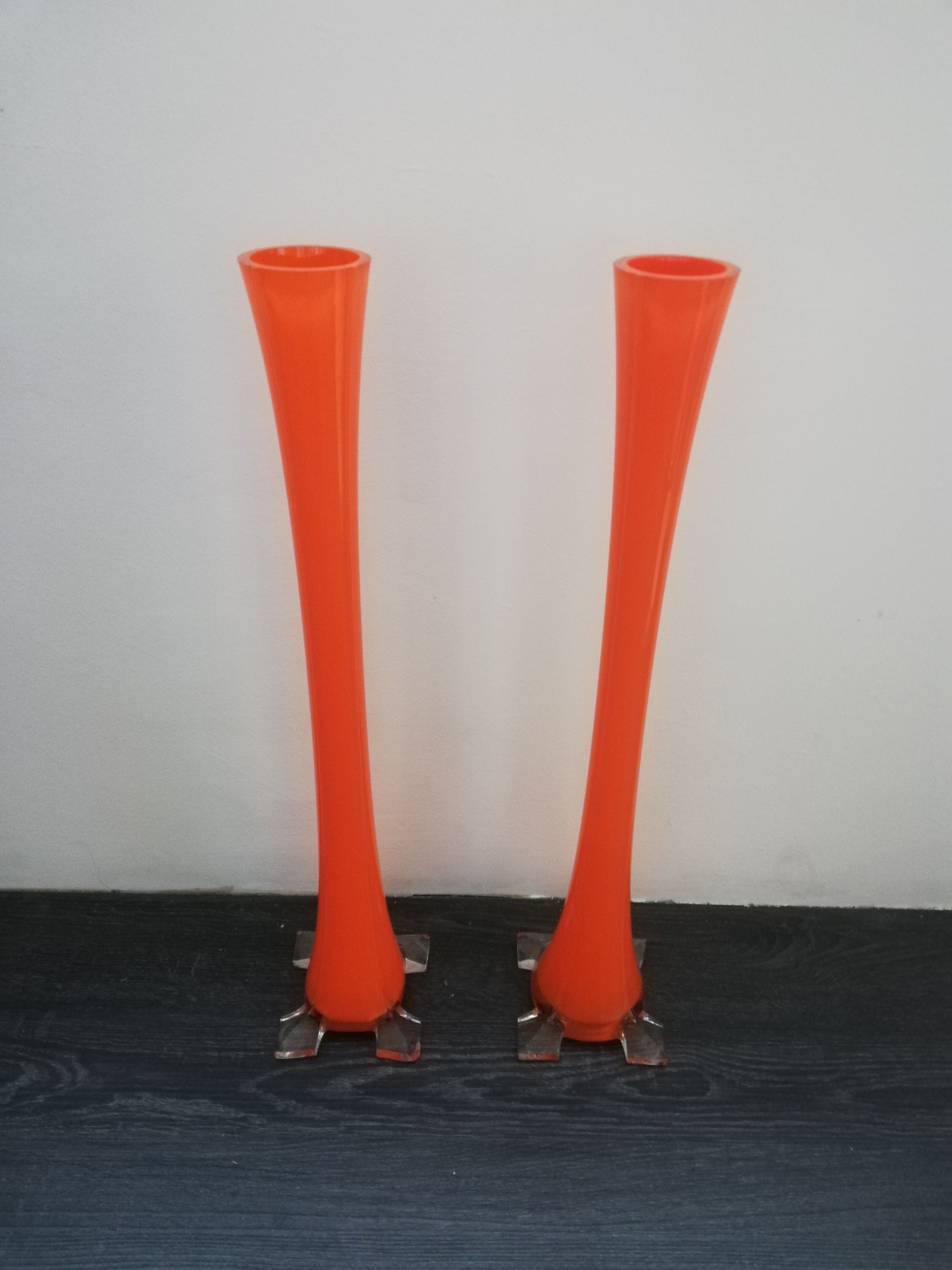 Pair of soliflores vases in orange glass
