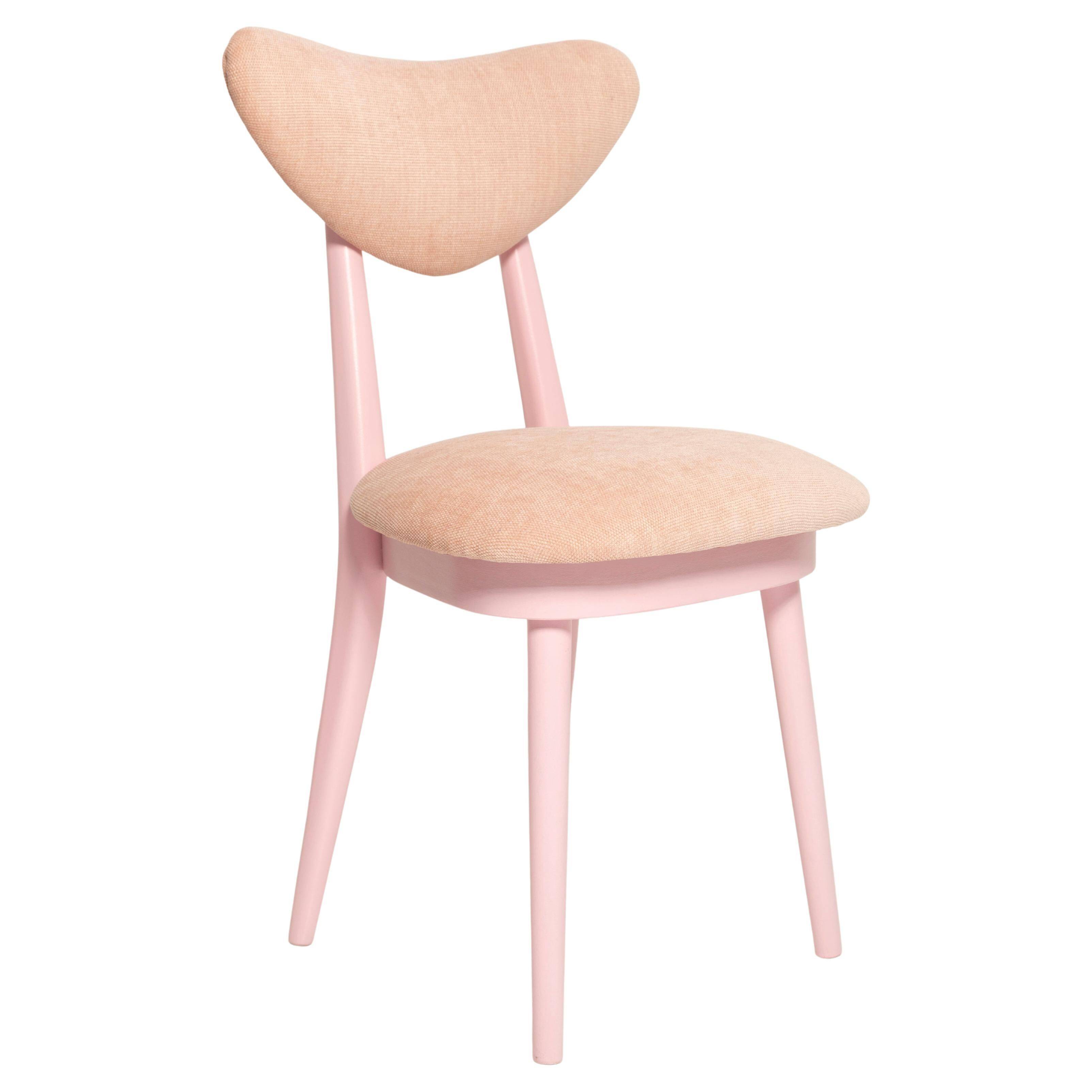 Mid-century heart-shaped chair, light pink chenille fabric, painted pink wood, Europe, 1960s.
