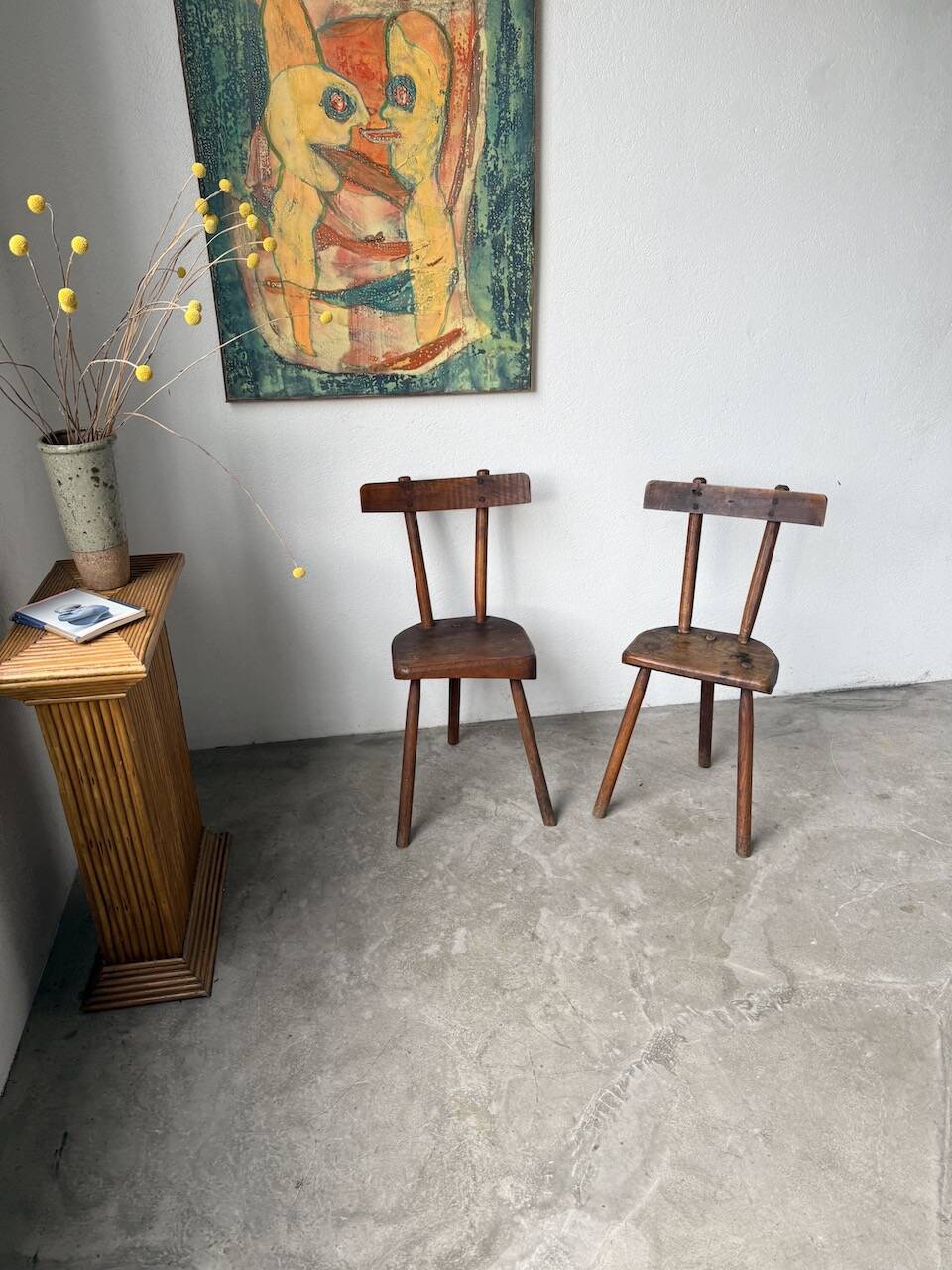Pair of Savoyard tripod chairs, folk art, oak.
