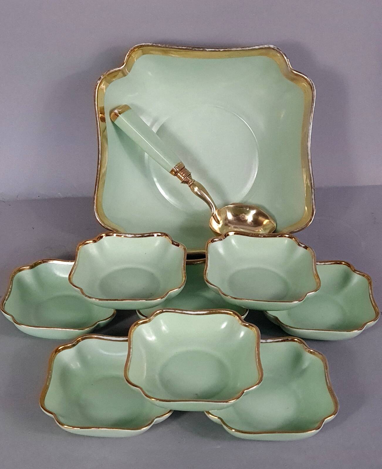 Antique Limoges green & gold porcelain dessert / cream service C593