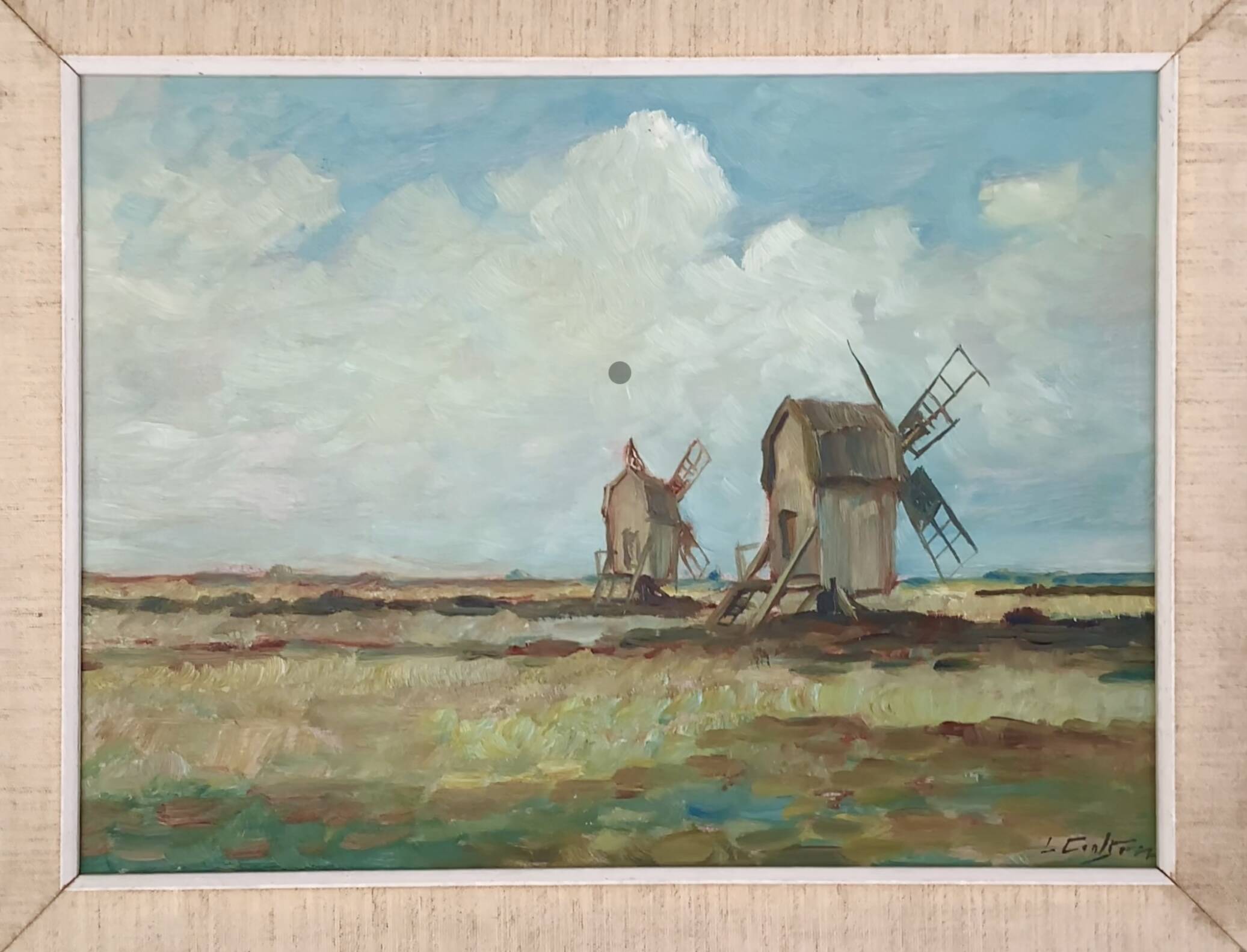 Peinture à l'huile vintage de moulin à vent, signée L.Carlson 1960