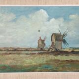 Peinture à l'huile vintage de moulin à vent, signée L.Carlson 1960