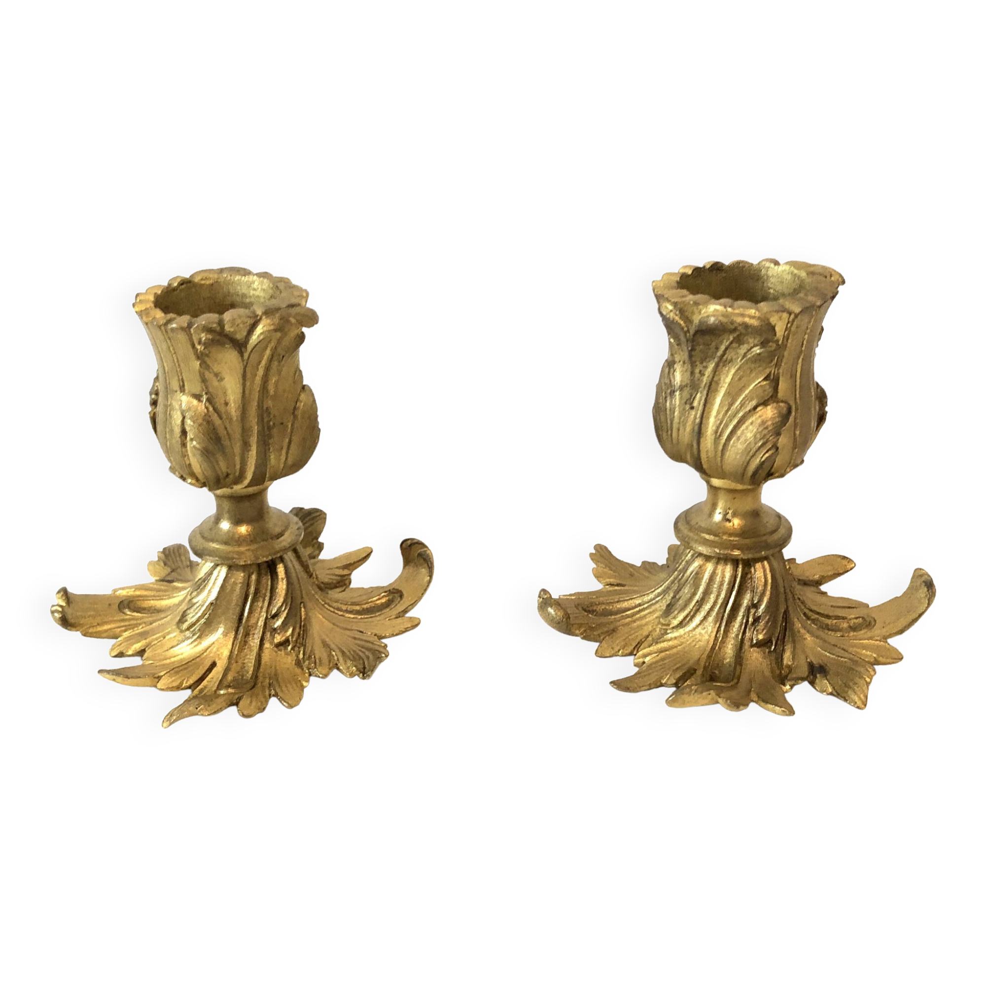 Pair candlesticks old golden brass