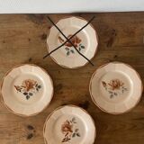 Set of 3 vintage Digoin pink plates, blue & brown stencil pattern