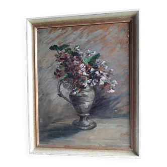 Tableau ancien à l'huile représentant un bouquet de fleurs