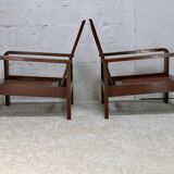 Pair of large armchairs. Wood and cane. Circa 1960
