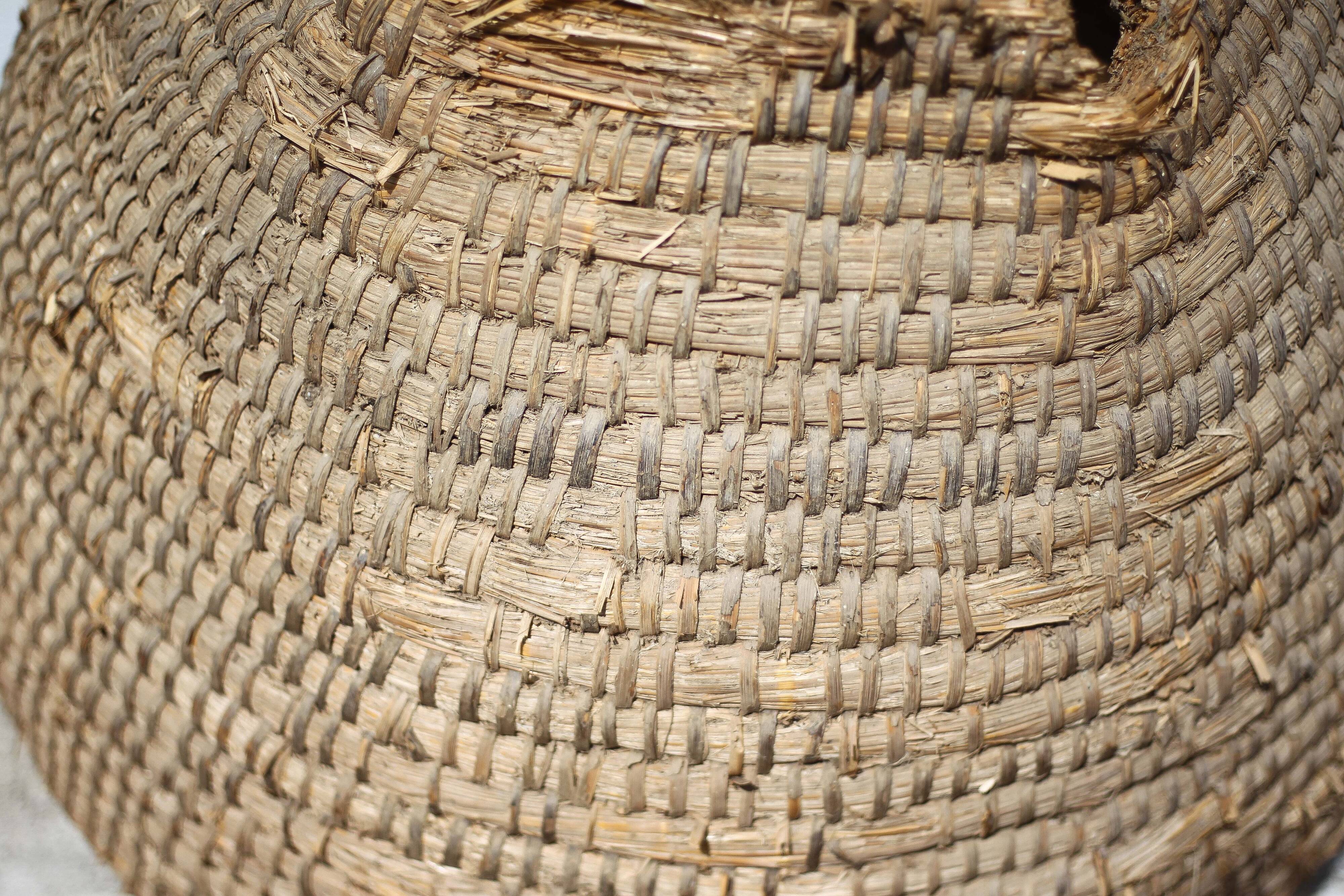 Old basket, burgundy straw and bramble, woven basket, interior decoration, pantry, flowerpot