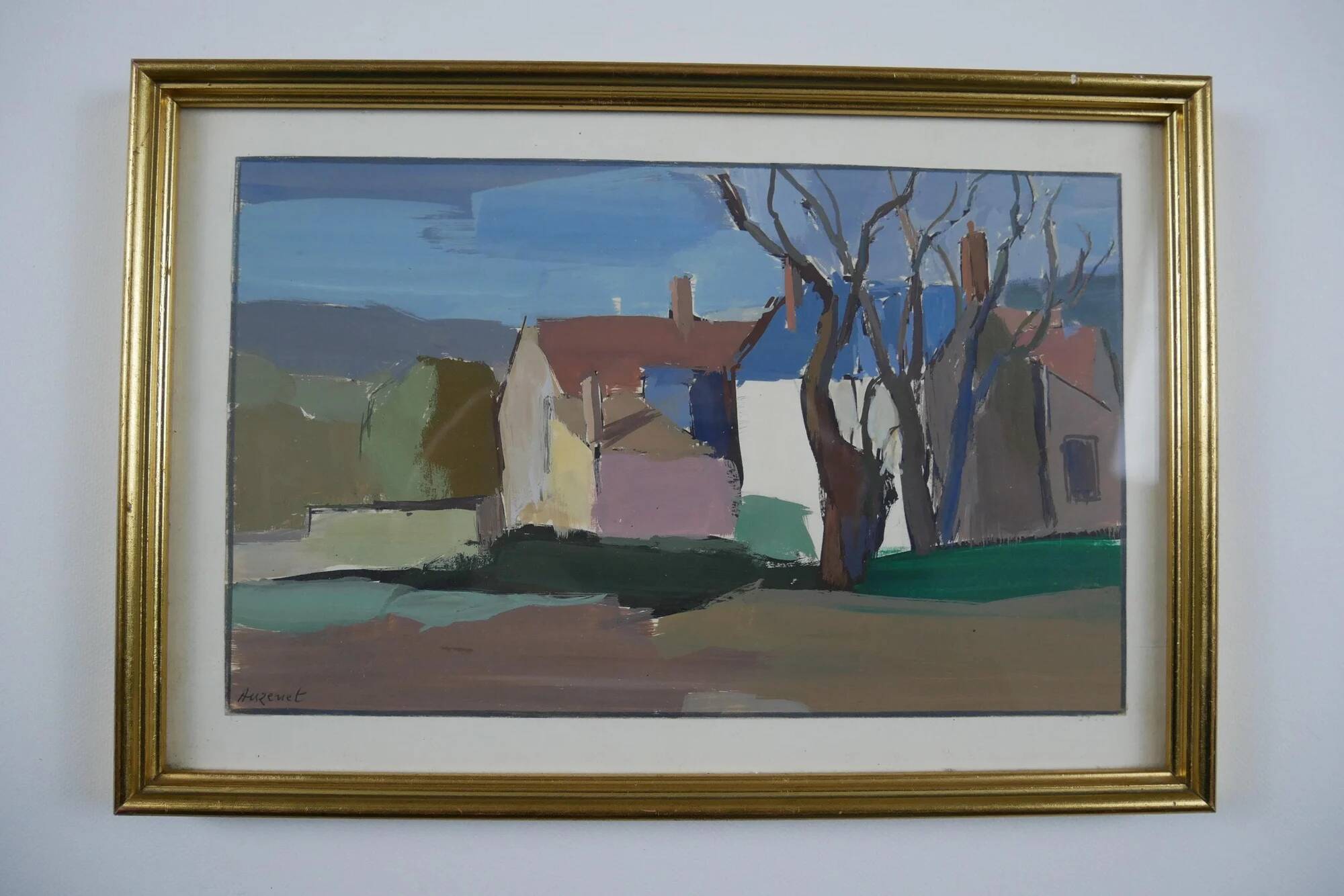 Hamlet in winter - Gouache signed Auzenet framed