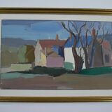 Hamlet in winter - Gouache signed Auzenet framed