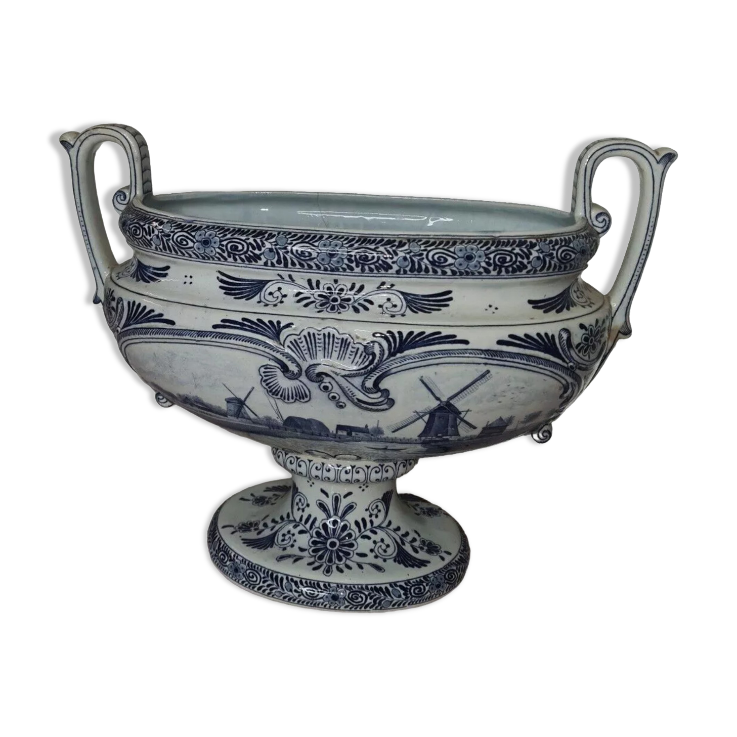 Delft earthenware planter with mill decoration