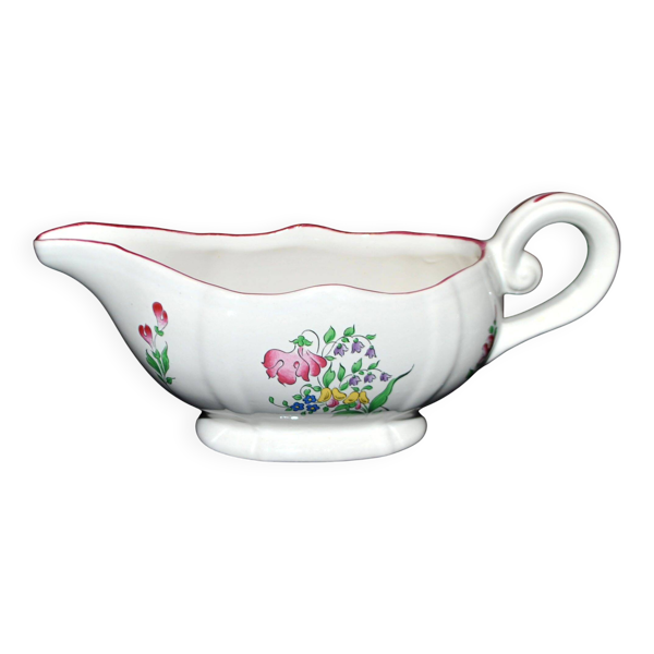 Lunéville KG saucière réverbère en faïence fleuri polychrome peint main 1981